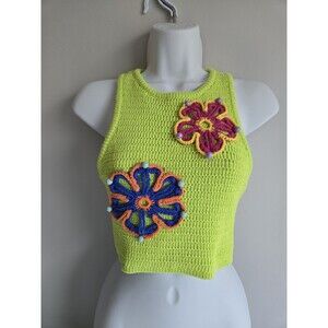 Zara Women's Small Crochet Crop Top Tank Lime Green Neon Flowers Colorful Summer
